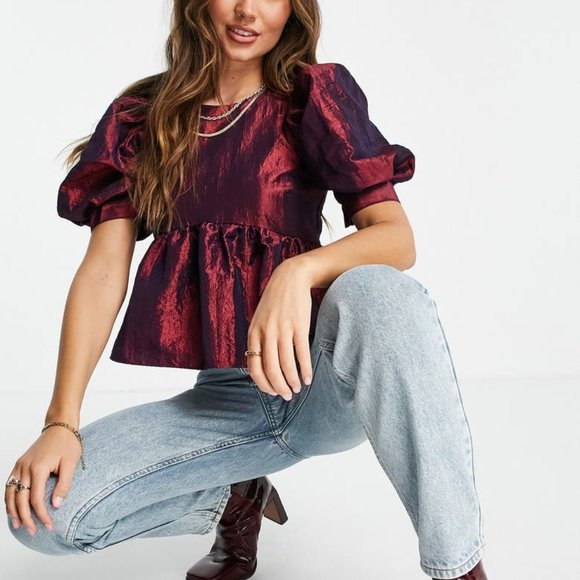 ASOS Metallic Bubble Puff Sleeve Taffeta Top Deep Red - Picture 1 of 10